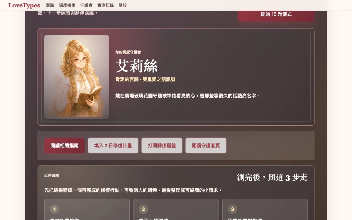LoveTypes 15 題測驗結果與五個分數列的行動版測試畫面