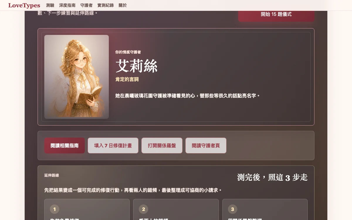 同一組 LoveTypes 答案在桌面重測後顯示一致守護者的記錄畫面